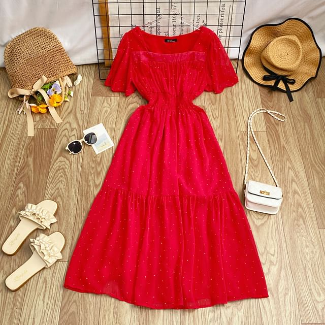 A-Line Short-Sleeve Maxi Neck Plain Square Dress