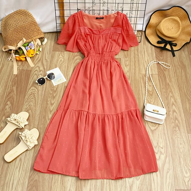 A-Line Short-Sleeve Maxi Neck Plain Square Dress