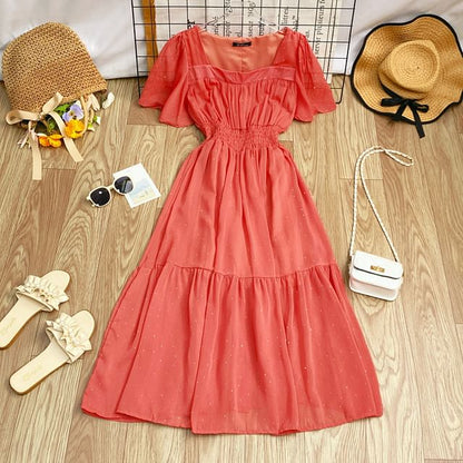 A-Line Short-Sleeve Maxi Neck Plain Square Dress