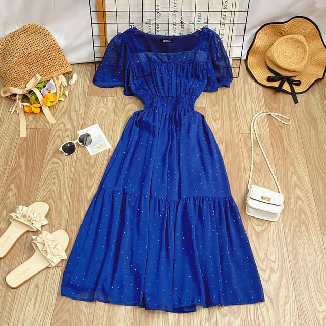 A-Line Short-Sleeve Maxi Neck Plain Square Dress