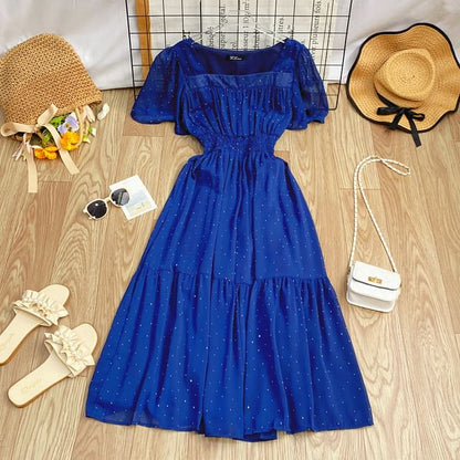 A-Line Short-Sleeve Maxi Neck Plain Square Dress
