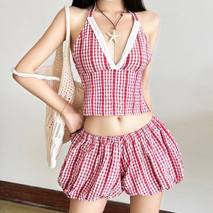 Halter Plaid Lace Crop Top & Bubble Hem Shorts