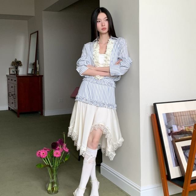Striped Ruffle Blouse, Crop Top & Lace Midi Skirt