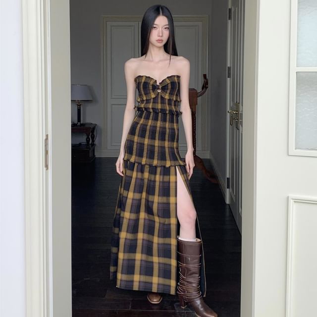 Ruffle Plaid Strapless Dress A-Line Maxi Trim Slit