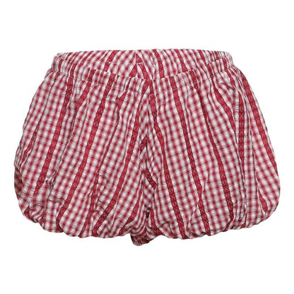 Halter Plaid Lace Crop Top & Bubble Hem Shorts