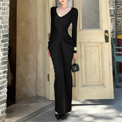Sleeve V-Neck Bodycon Dress Ruched Long Maxi Plain
