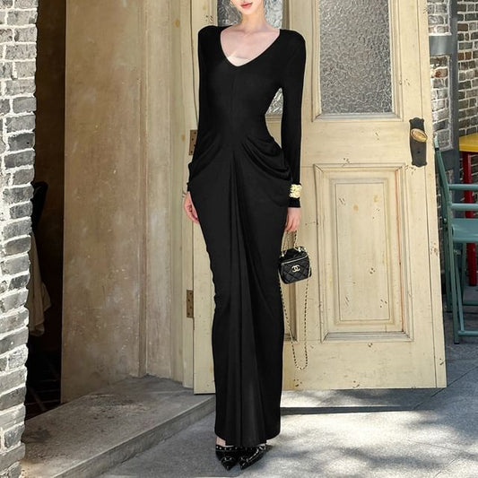Sleeve V-Neck Bodycon Dress Ruched Long Maxi Plain