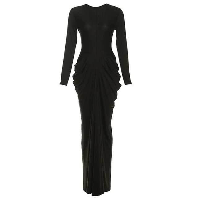 Sleeve V-Neck Bodycon Dress Ruched Long Maxi Plain