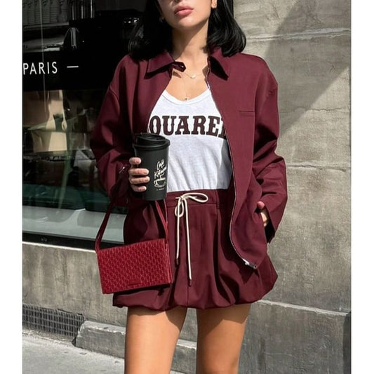 Long Sleeve Plain Loose Fit Zip Up Jacket Drawstring Waist Bubble Hem Mini Skirt Set