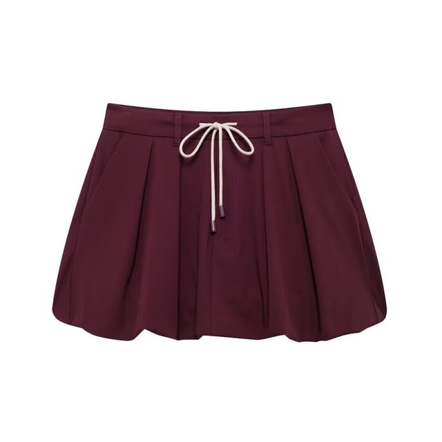 Long Sleeve Plain Loose Fit Zip Up Jacket Drawstring Waist Bubble Hem Mini Skirt Set