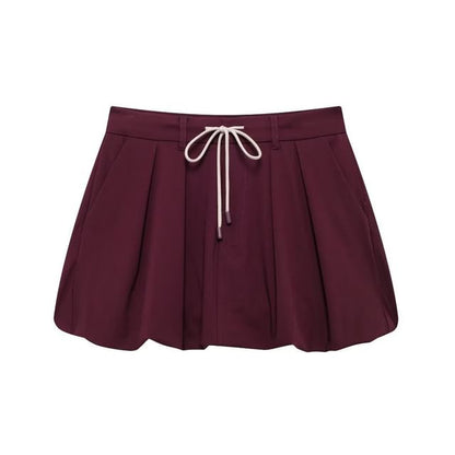 Long Sleeve Plain Loose Fit Zip Up Jacket Drawstring Waist Bubble Hem Mini Skirt Set