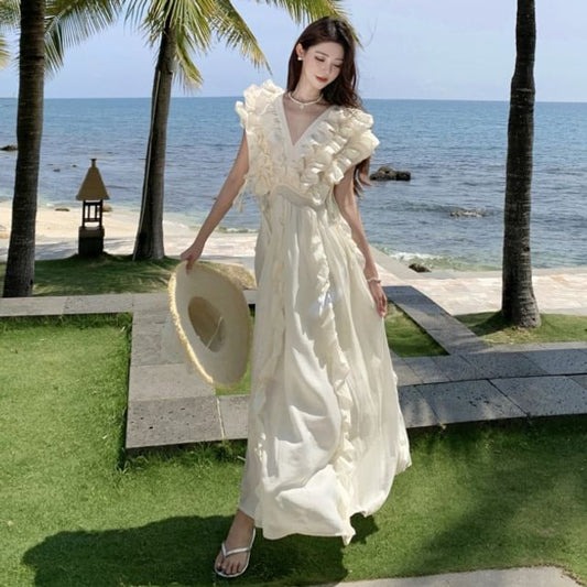 Maxi A-Line Plain Ruffle V-Neck Sleeveless Dress