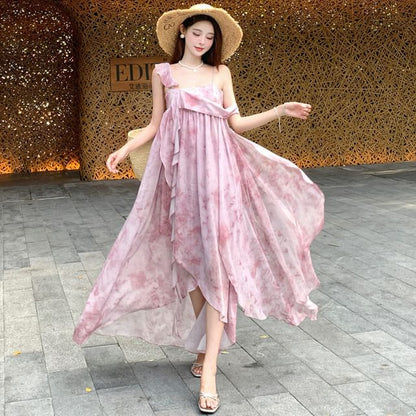 Spaghetti Strap Tie Dye Asymmetrical Midi A-Line Dress
