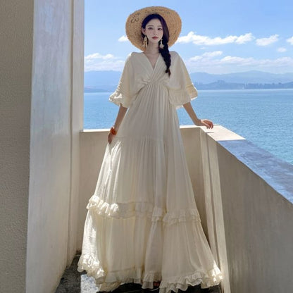 Maxi Elbow Sleeve Dress Plain Ruffle A-Line Tiered V-Neck