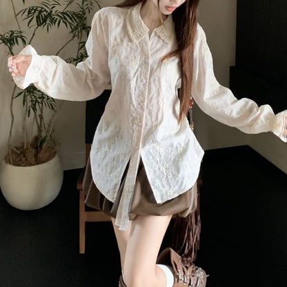 Faux Leather Mini Skirt with Long-Sleeve Lace Shirt