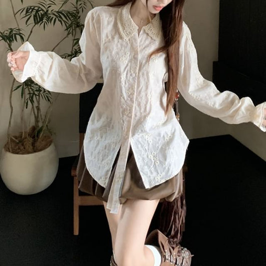 Faux Leather Mini Skirt with Long-Sleeve Lace Shirt
