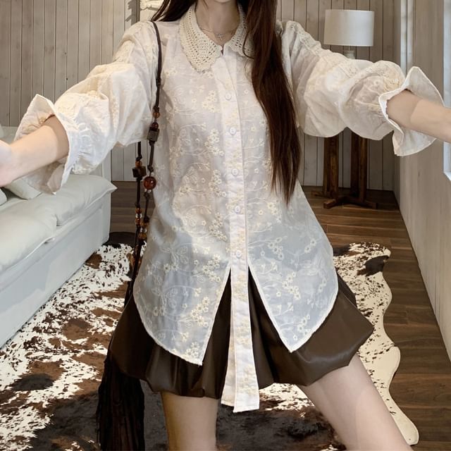 Faux Leather Mini Skirt with Long-Sleeve Lace Shirt