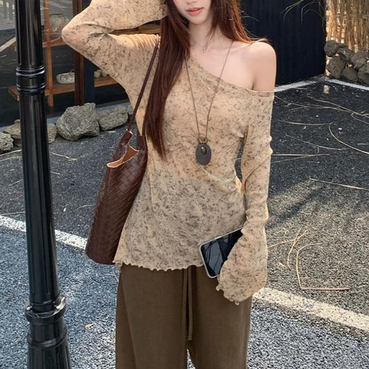 Ruched Asymmetric Tie-Dye Off-Shoulder Knit Top / Wide-Leg Solid Pants