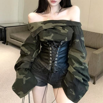 Off-Shoulder Camo Print Faux Leather Lace-Up Crop Top