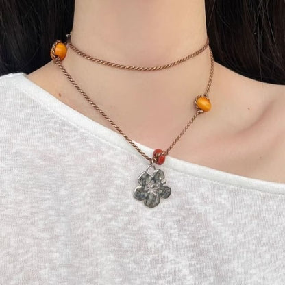 Floral Necklace Faux Pendant Gemstone Cord