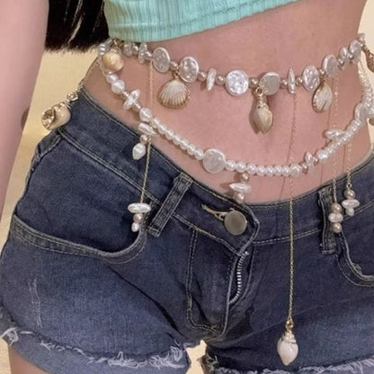 Pearl Shell Waist Faux Alloy Chain Disc