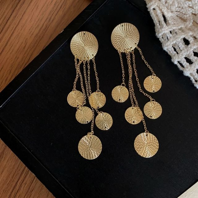 Alloy Chandelier Disc Earring Fringed Textured