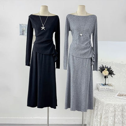 Long Sleeve Ruched Knit Top & High Waist Maxi Skirt Set