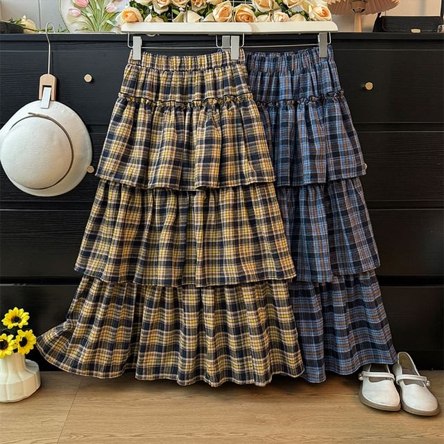 High Rise Plaid Tiered Maxi A-Line Skirt