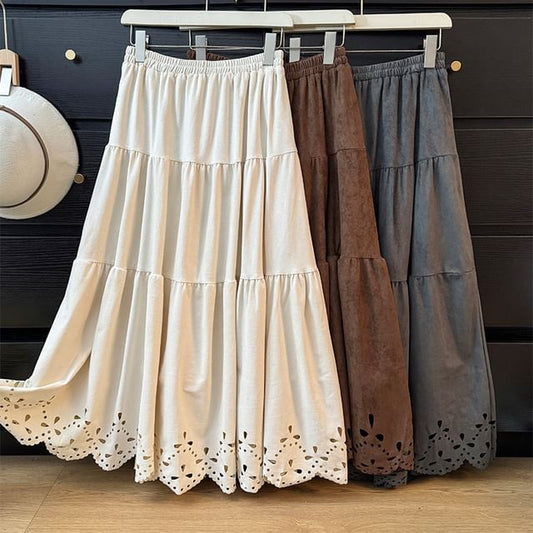 Solid Cut-Out Tiered Maxi A-Line Skirt with High Waist