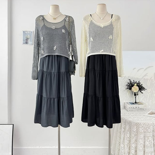Set: Spaghetti Strap Plain Loose-Fit Maxi Dress + Long Sleeve Crochet Knit Top