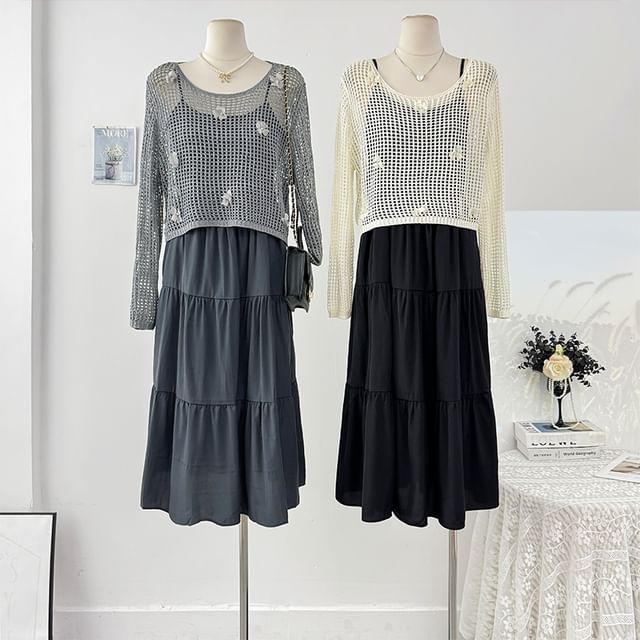 Set: Loose-Fit Dress Spaghetti Top Knit Crochet + Plain Sleeve Strap Long Maxi