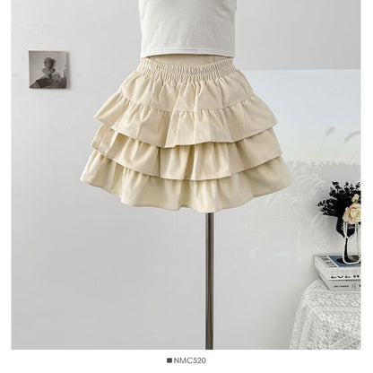 Solid Layered Mini Skirt with High Waist