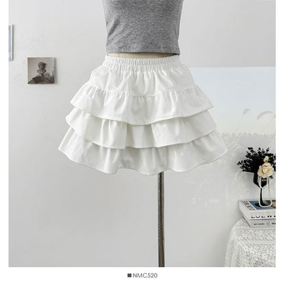 Solid Layered Mini Skirt with High Waist
