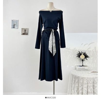 Long Sleeve Off-Shoulder Tee & High Rise Maxi Skirt Set