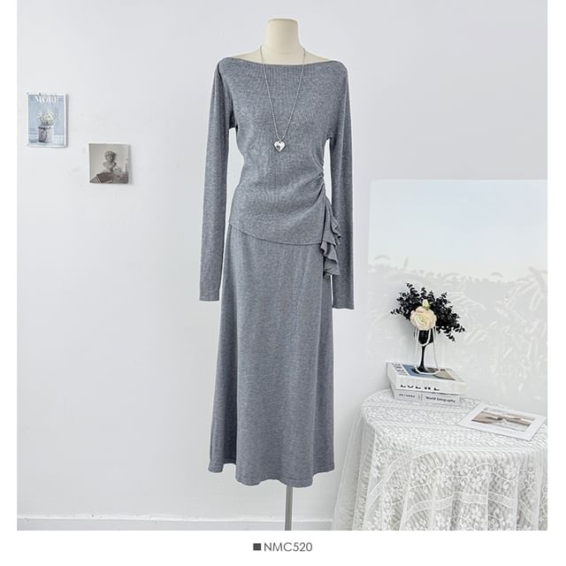 Long Sleeve Ruched Knit Top & High Waist Maxi Skirt Set