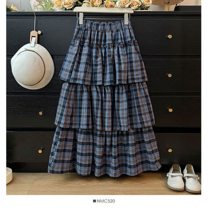 High Rise Plaid Tiered Maxi A-Line Skirt