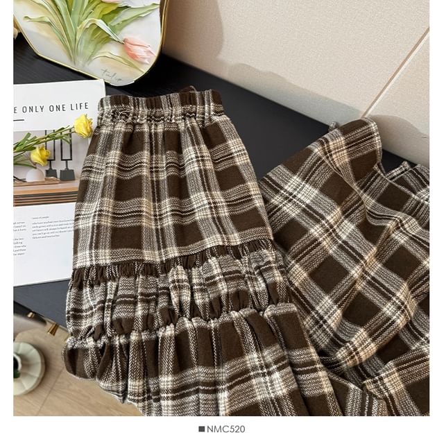 Plaid Tiered Maxi A-Line Skirt with High Waist