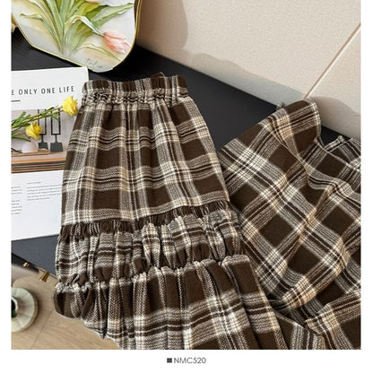 Plaid Tiered Maxi A-Line Skirt with High Waist