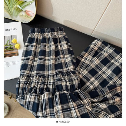 Plaid Tiered Maxi A-Line Skirt with High Waist
