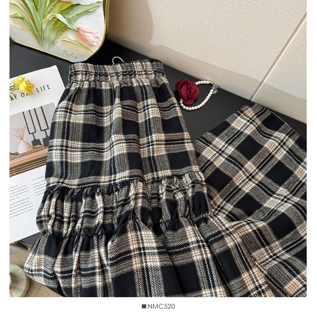 Plaid Tiered Maxi A-Line Skirt with High Waist