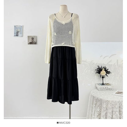 Set: Spaghetti Strap Plain Loose-Fit Maxi Dress + Long Sleeve Crochet Knit Top