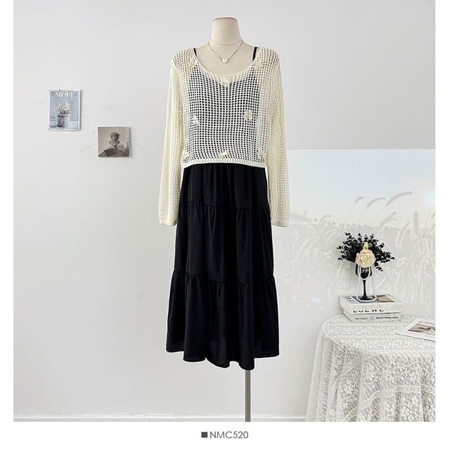 Set: Loose-Fit Dress Spaghetti Top Knit Crochet + Plain Sleeve Strap Long Maxi