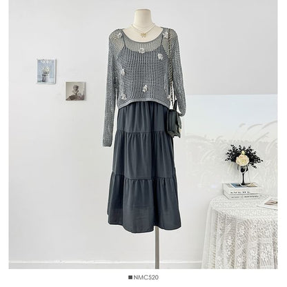 Set: Spaghetti Strap Plain Loose-Fit Maxi Dress + Long Sleeve Crochet Knit Top