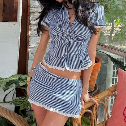 Short Sleeve Collared Plaid Button Up Blouse Low Waist Plaid Mini A-Line Skirt