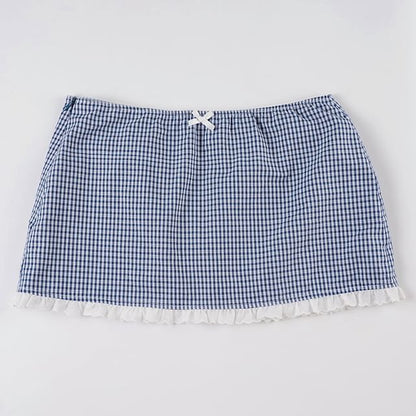 Short Sleeve Collared Plaid Button Up Blouse Low Waist Plaid Mini A-Line Skirt