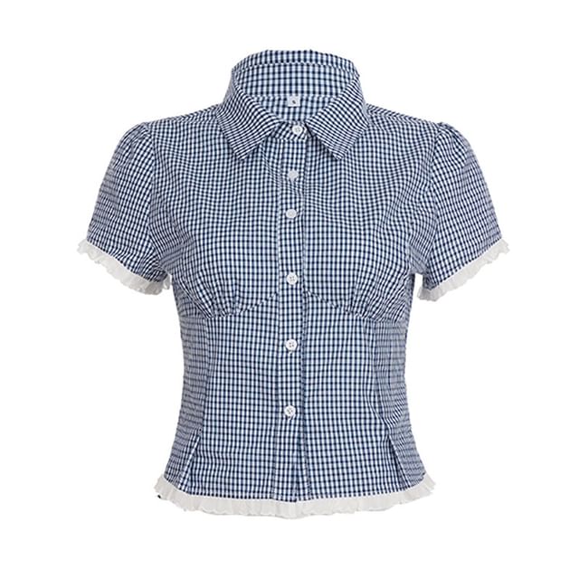 Short Sleeve Collared Plaid Button Up Blouse Low Waist Plaid Mini A-Line Skirt