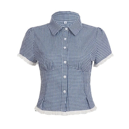 Short Sleeve Collared Plaid Button Up Blouse Low Waist Plaid Mini A-Line Skirt