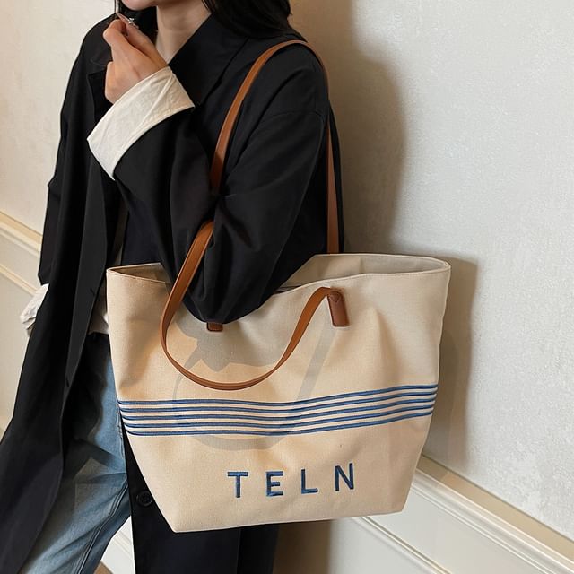 Lettering Tote Bag Striped Embroidered Canvas