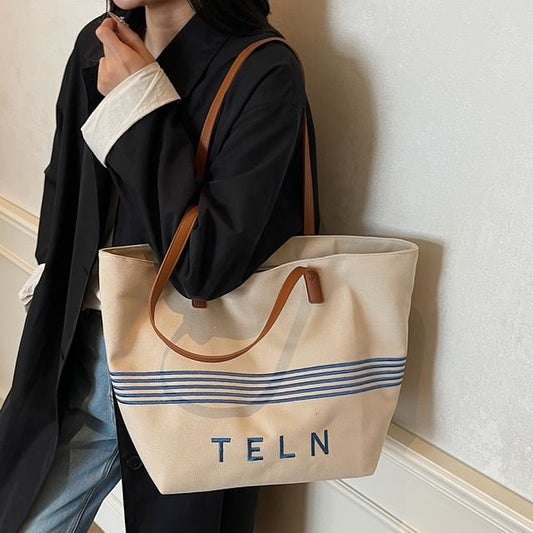 Lettering Tote Bag Striped Embroidered Canvas