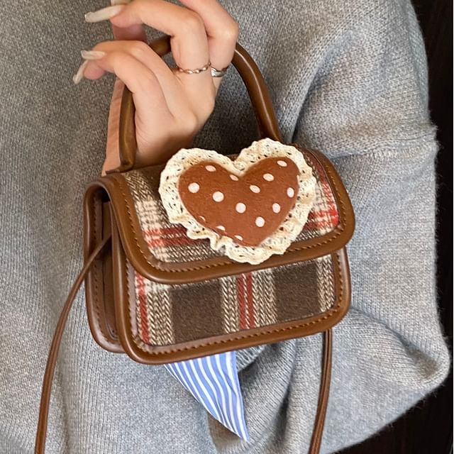 Applique Bag Crossbody Top Heart Plaid Flap Handle